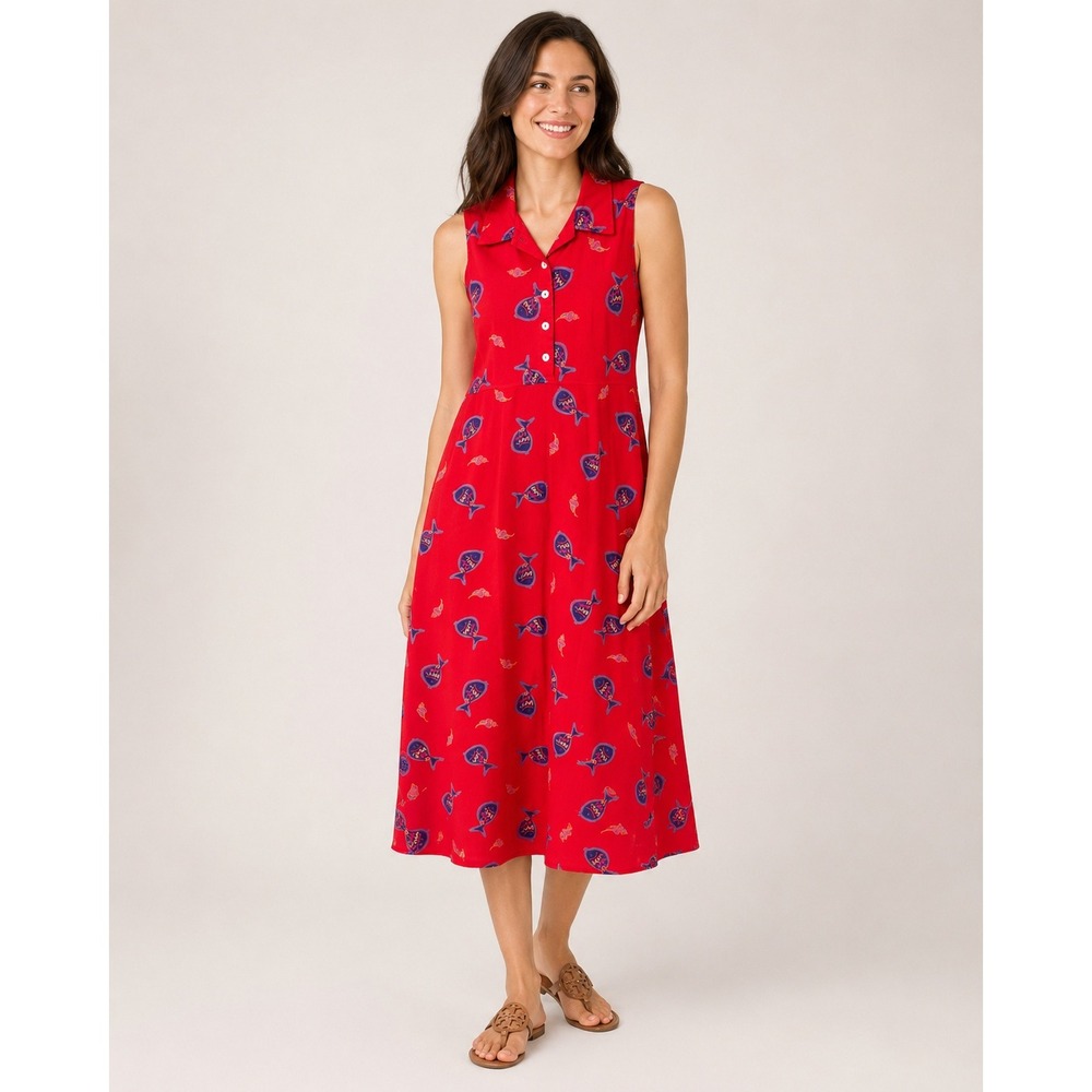 Zip Code Maxi Dress Womens‎ L Red Fish Print Cotton Collared Vintage Mexico
